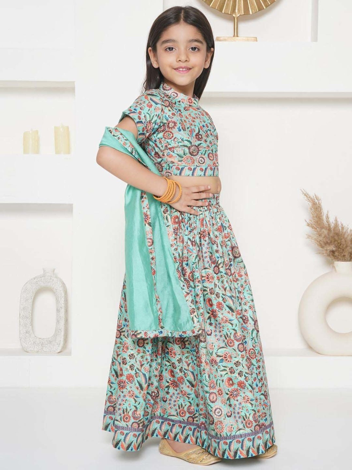 A Little Fable Kids Blue Printed Lehenga with Choli & Dupatta