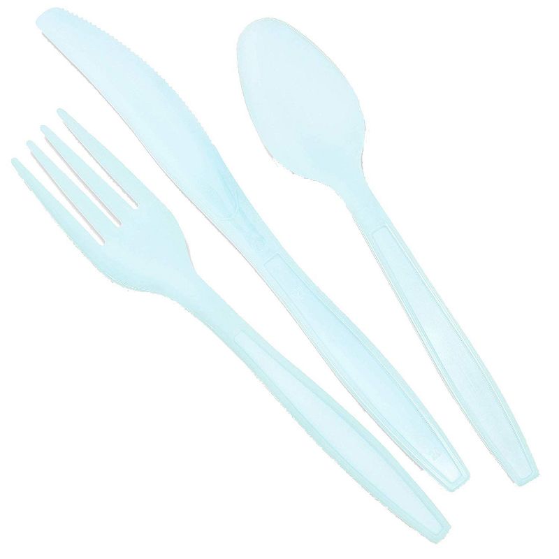 Sparkle and Bash 96-Piece Serves 32 Light Blue Disposable Plastic Cutlery Flatware Fork Knives Spoon Party Supplies
