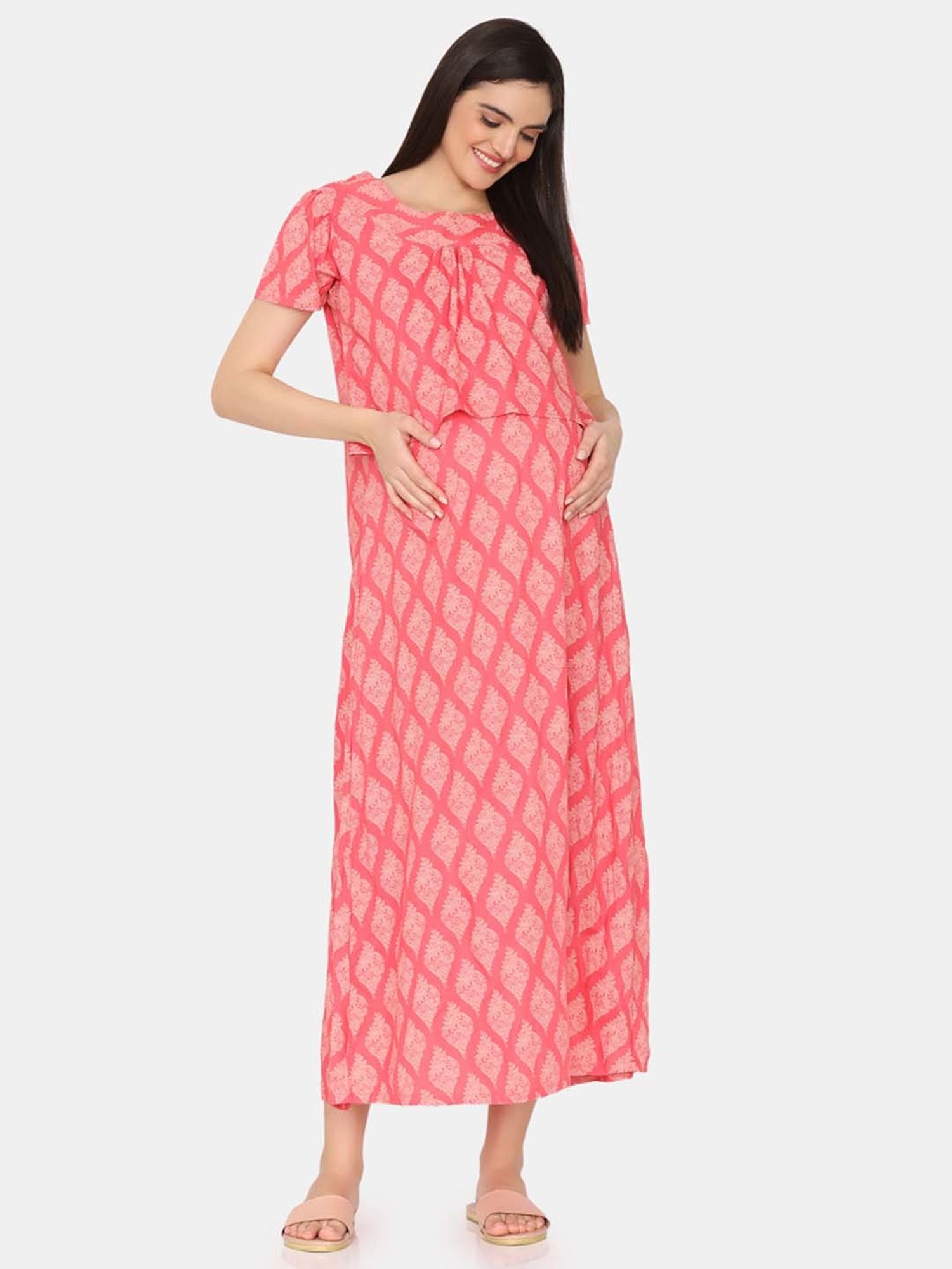 Coucou by Zivame Peach Printed Maternity Nighty