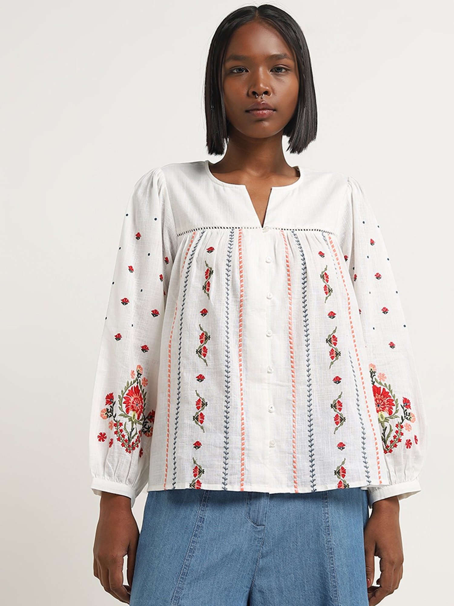 Bombay Paisley by Westside White Floral Embroidered Cotton Blouse