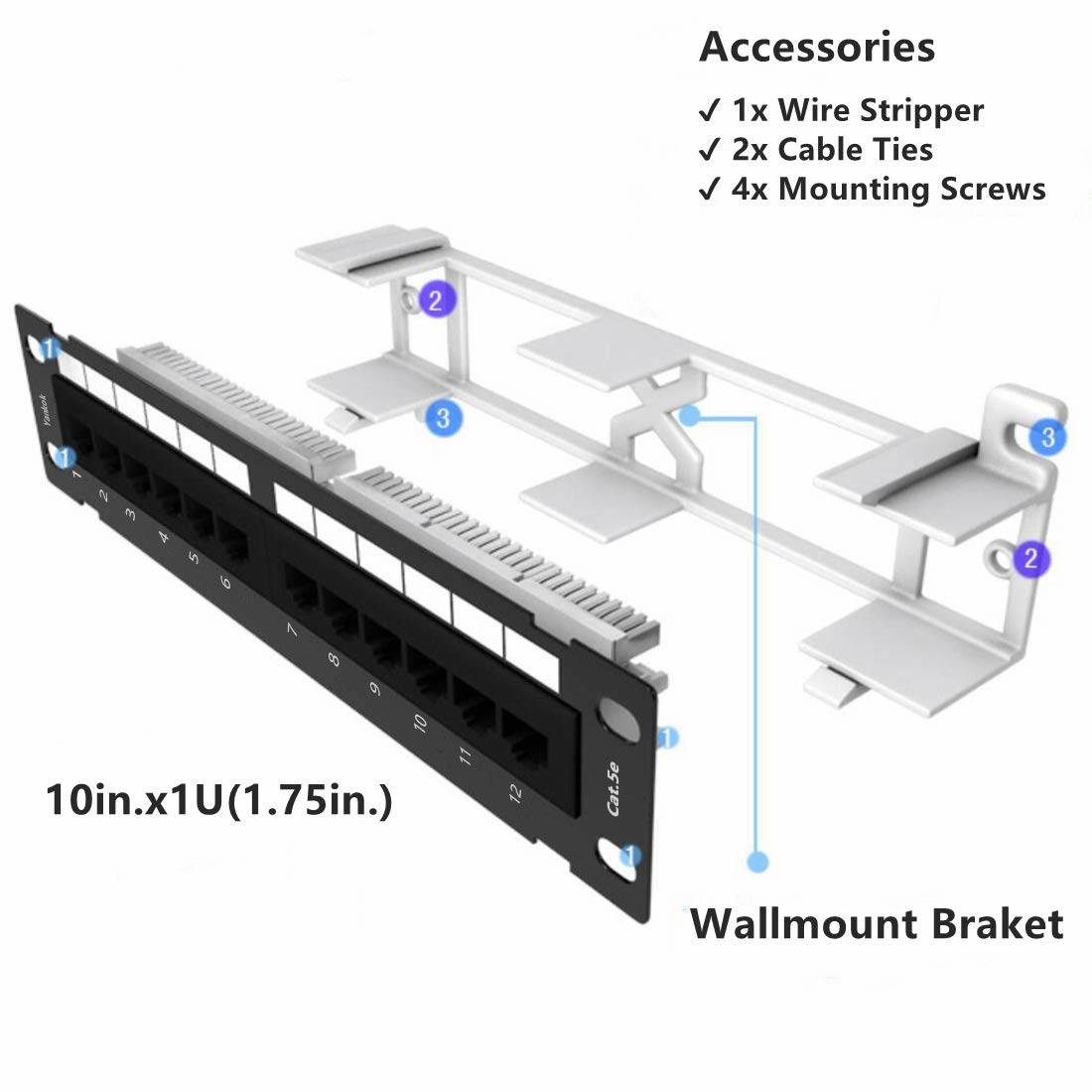 Yankok [CAT5/5e 12 Port Patch Panel] Unshielded with Coded T568A/B Wiring for RJ45 Network Cables Rack / Wall Mount 10in.x1U (Come with Bracket and Basic Termination Tools)