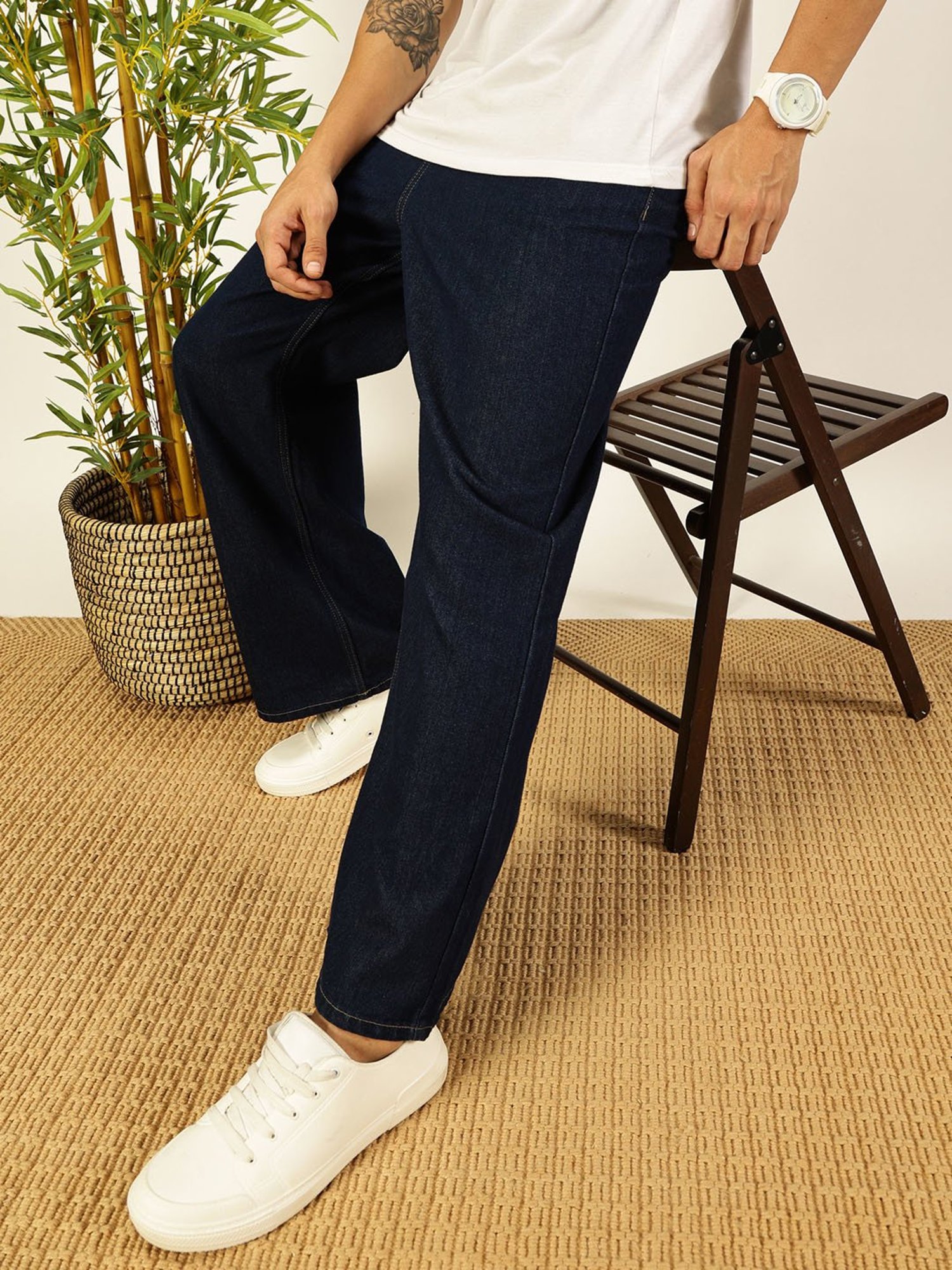 Thomas Scott Dark Blue Cotton Loose fit Solid Jeans