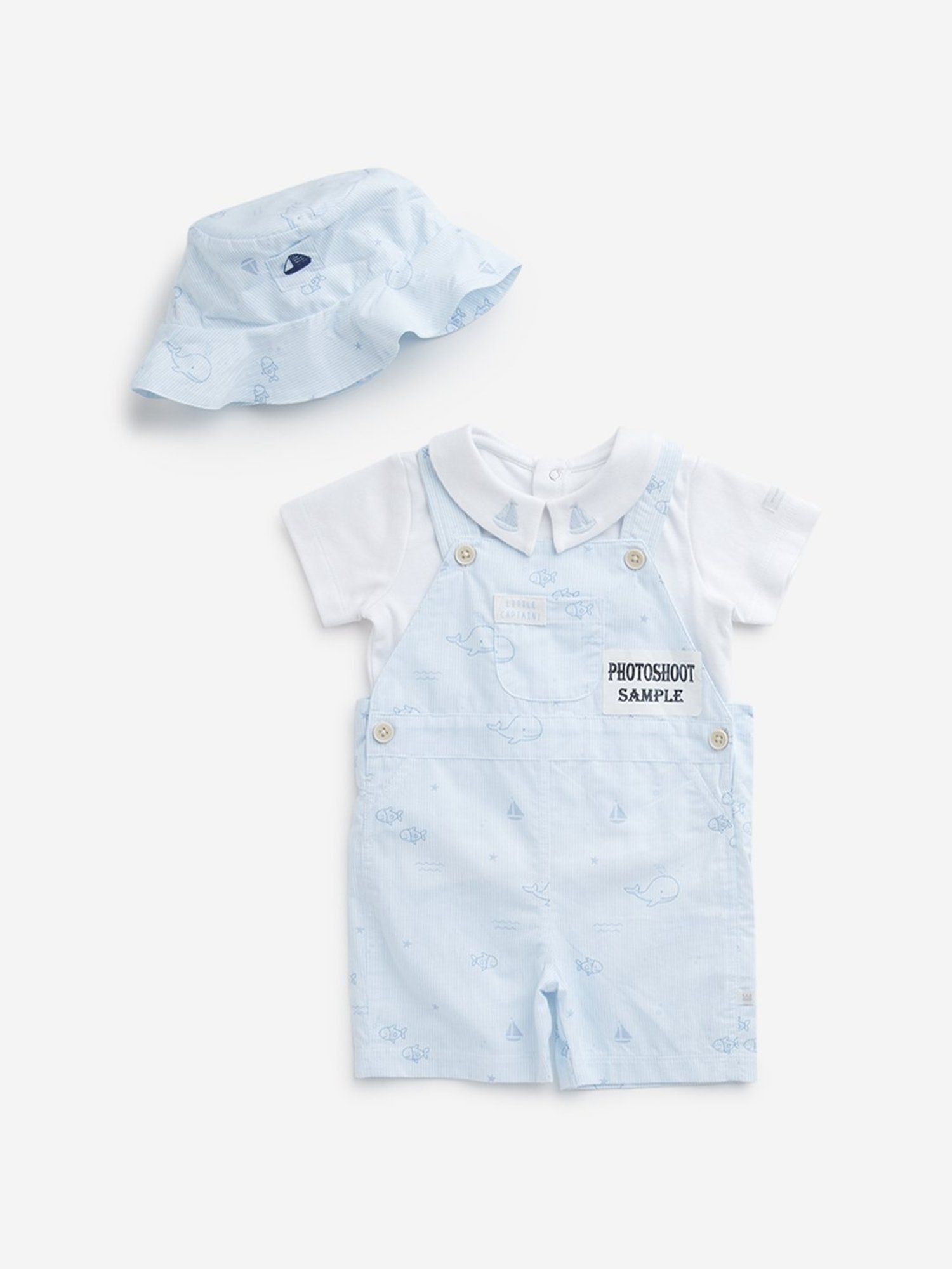 HOP Baby by Westside Light Blue Dungaree, Cotton T-Shirt and Hat Set