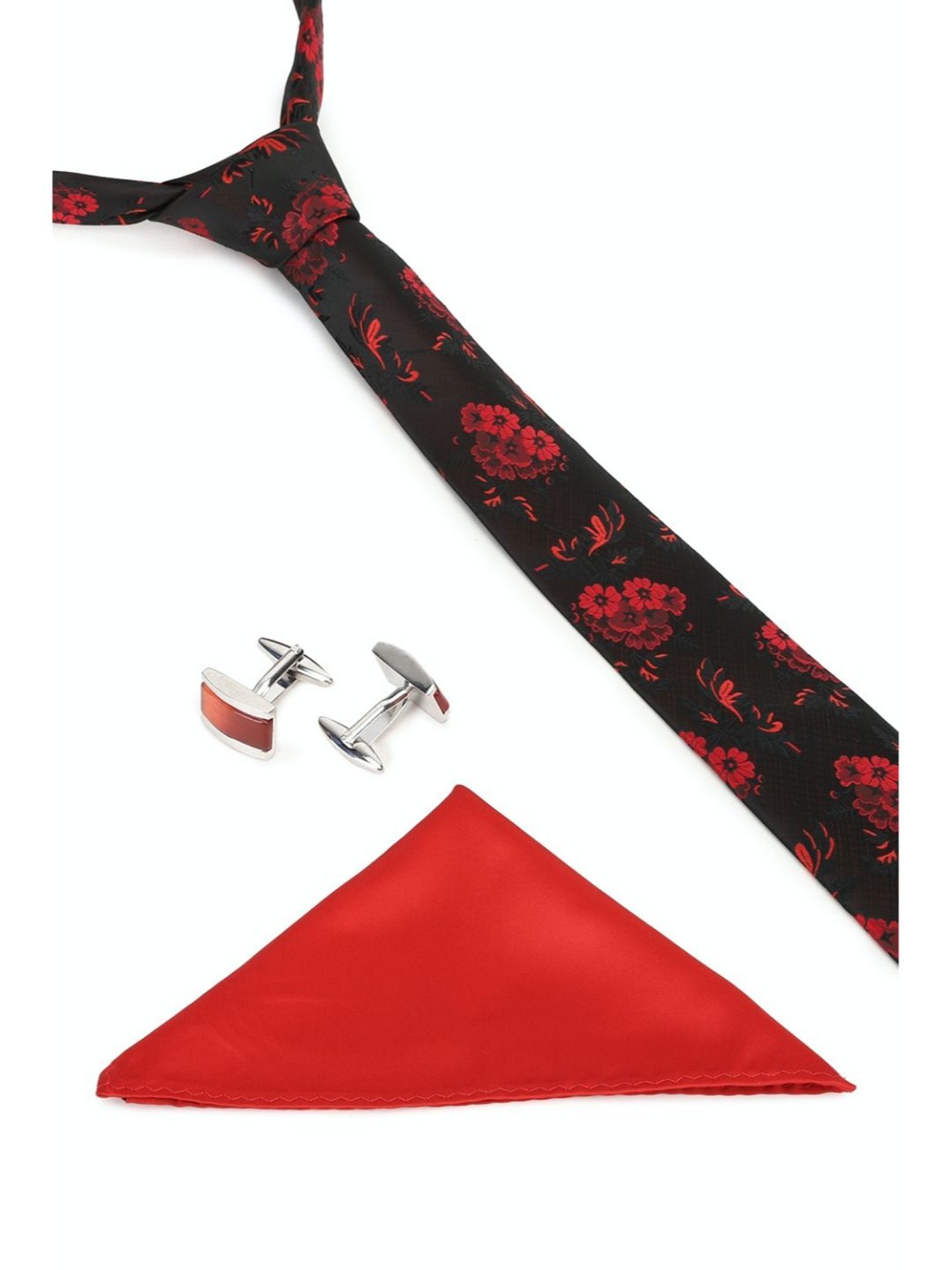 Peter England Black Floral Print Tie Pocket Square and Cufflink - Pack of 4