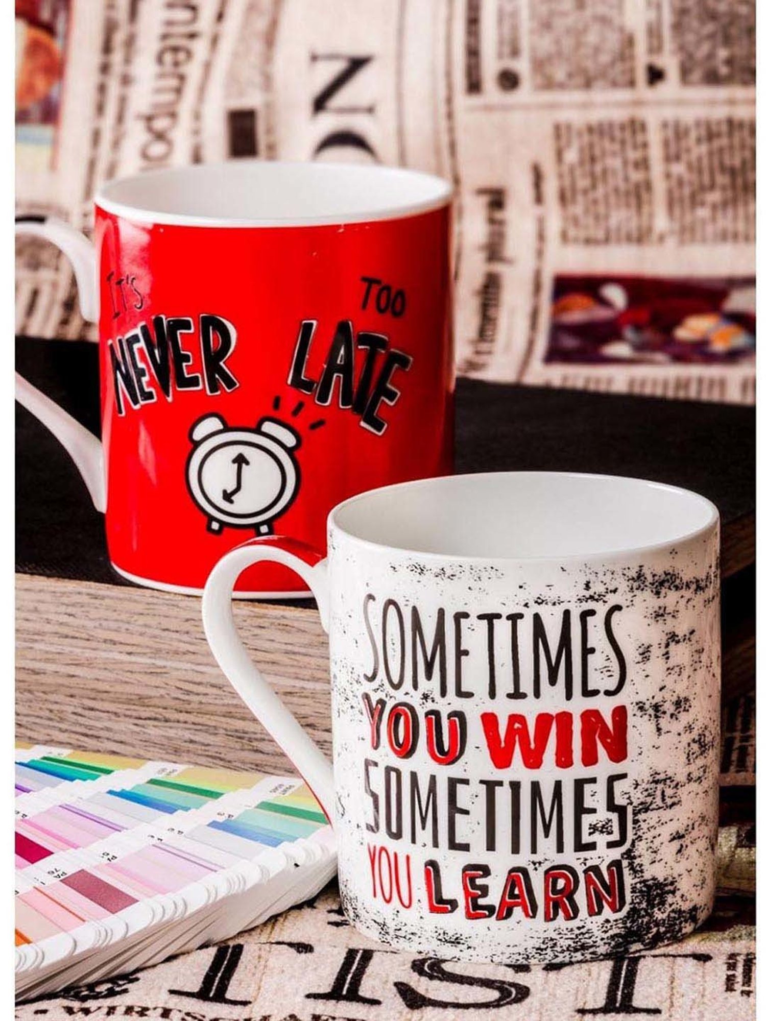 Goodhomes White & Red Bone China Coffee Mugs (350 ml) - Set of 2