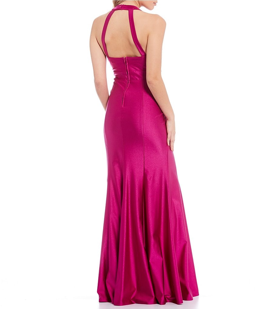 City Vibe Halter-Neck Plunging Power Satin Long Dress