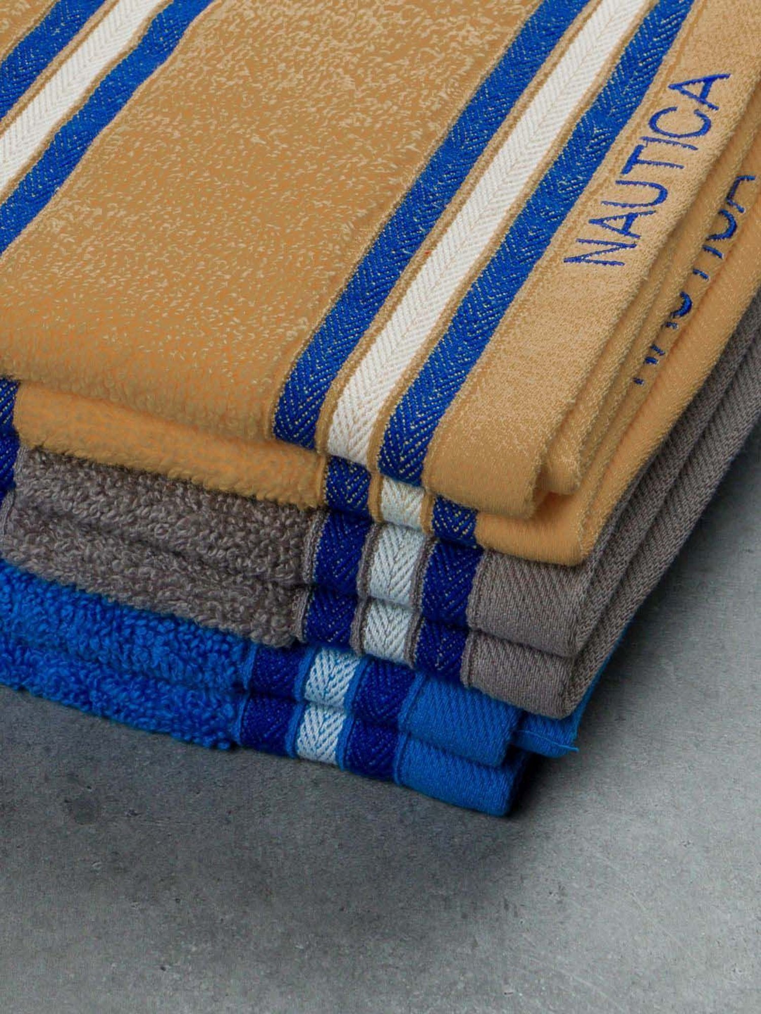 Nautica Vintage Crew Stripe Beige, Grey & Royal Blue Cotton 500 GSM Zero Twist Hand Towel - Set of 6