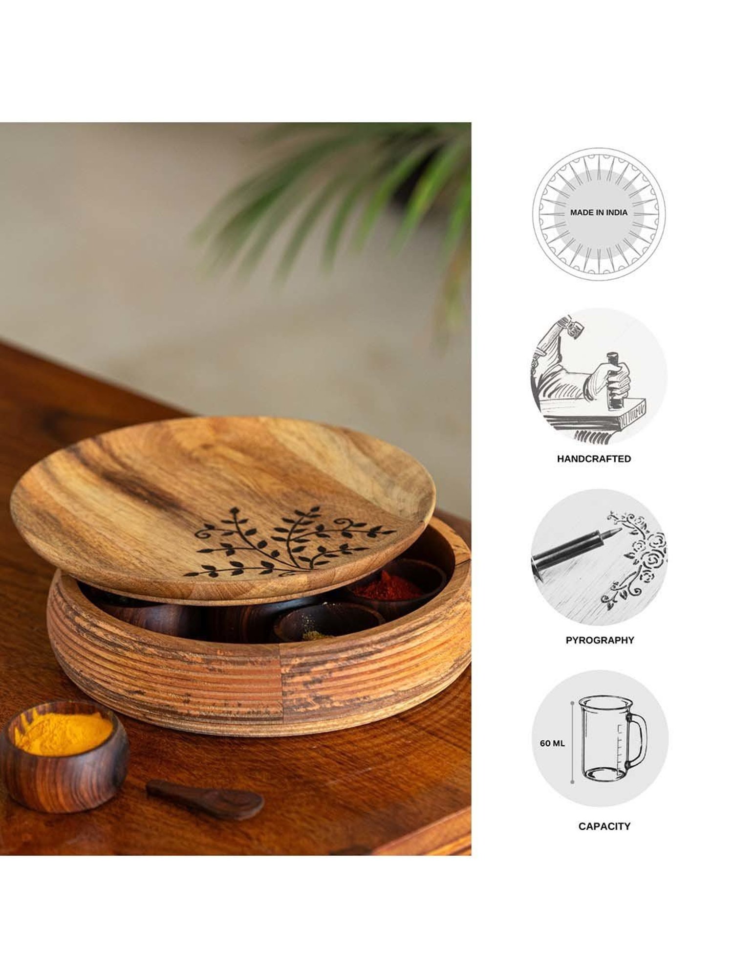 ExclusiveLane Light Brown Mango Wood Burnt Leaf Handcrafted Spice Box with Spoon & Containers
