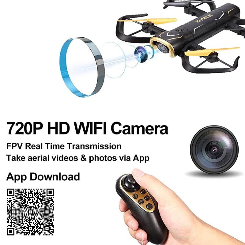 Foldable RC Drone XPack 5 Portable Quadcopter for Beginners and Kids 720P FPV WiFi Camera via App with Headless Mode Altitude Hold 3D Flips One Key TakeOffLanding and 1 Extra Battery