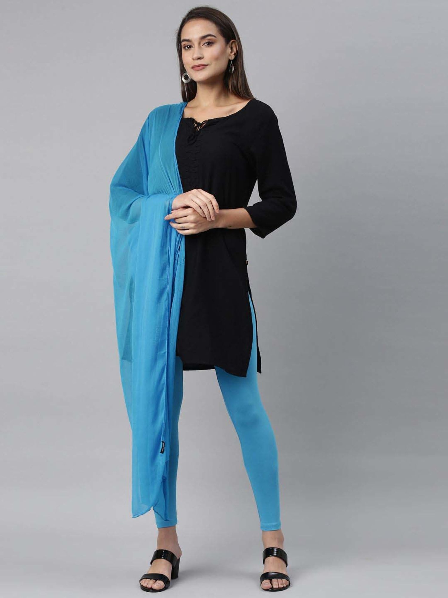 TWIN BIRDS Blue Cotton Ankle Length Leggings With Dupatta