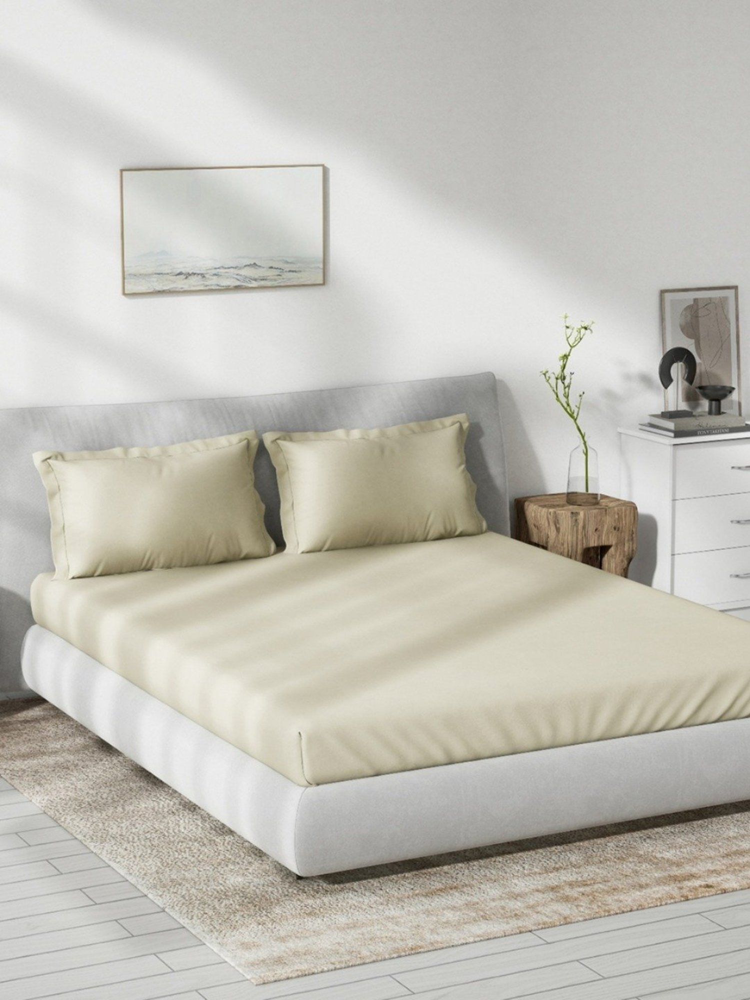 DDecor Solid Beige 180 TC Cotton King Fitted Bed Sheet With 2 Pillow Covers