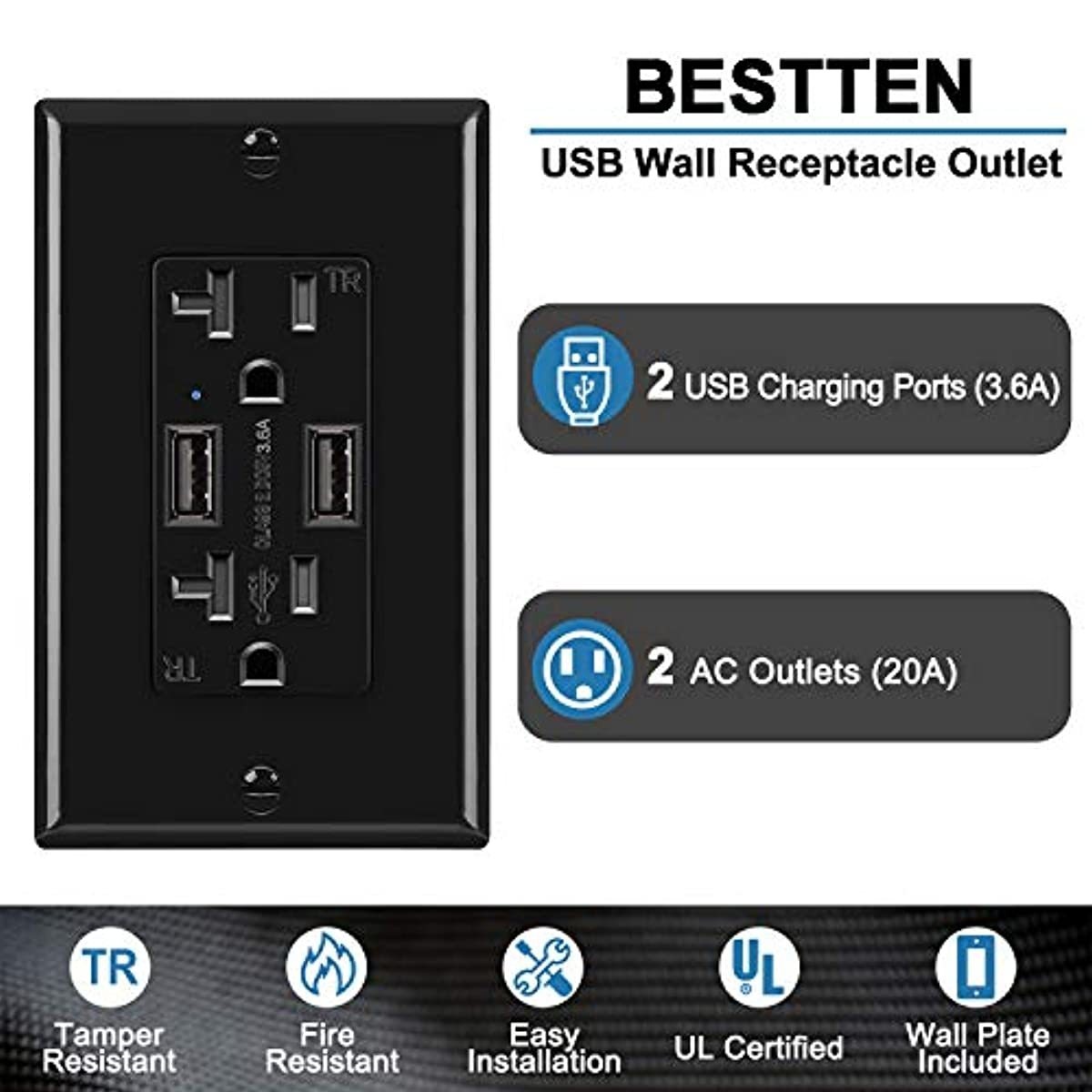 [5 Pack] BESTTEN Black USB Wall Receptacle Outlet, 20 Amp Grounded AC Outlets, 3.6A Dual USB Charging Ports, Smart Chip USB Wall Charger, Tamper Resistant, UL Listed