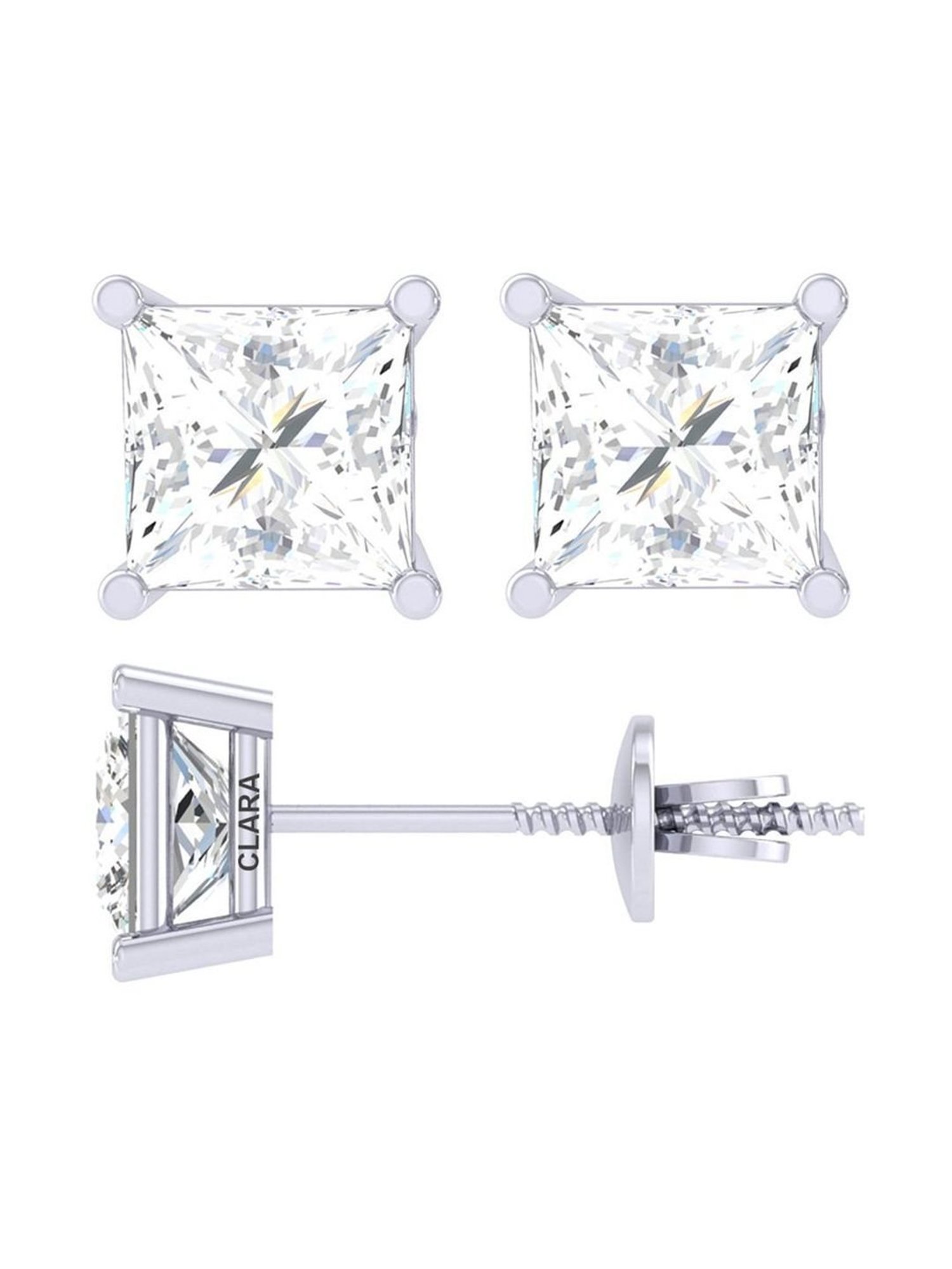Clara White Sterling Silver Princess Cut CZ Stud Earrings