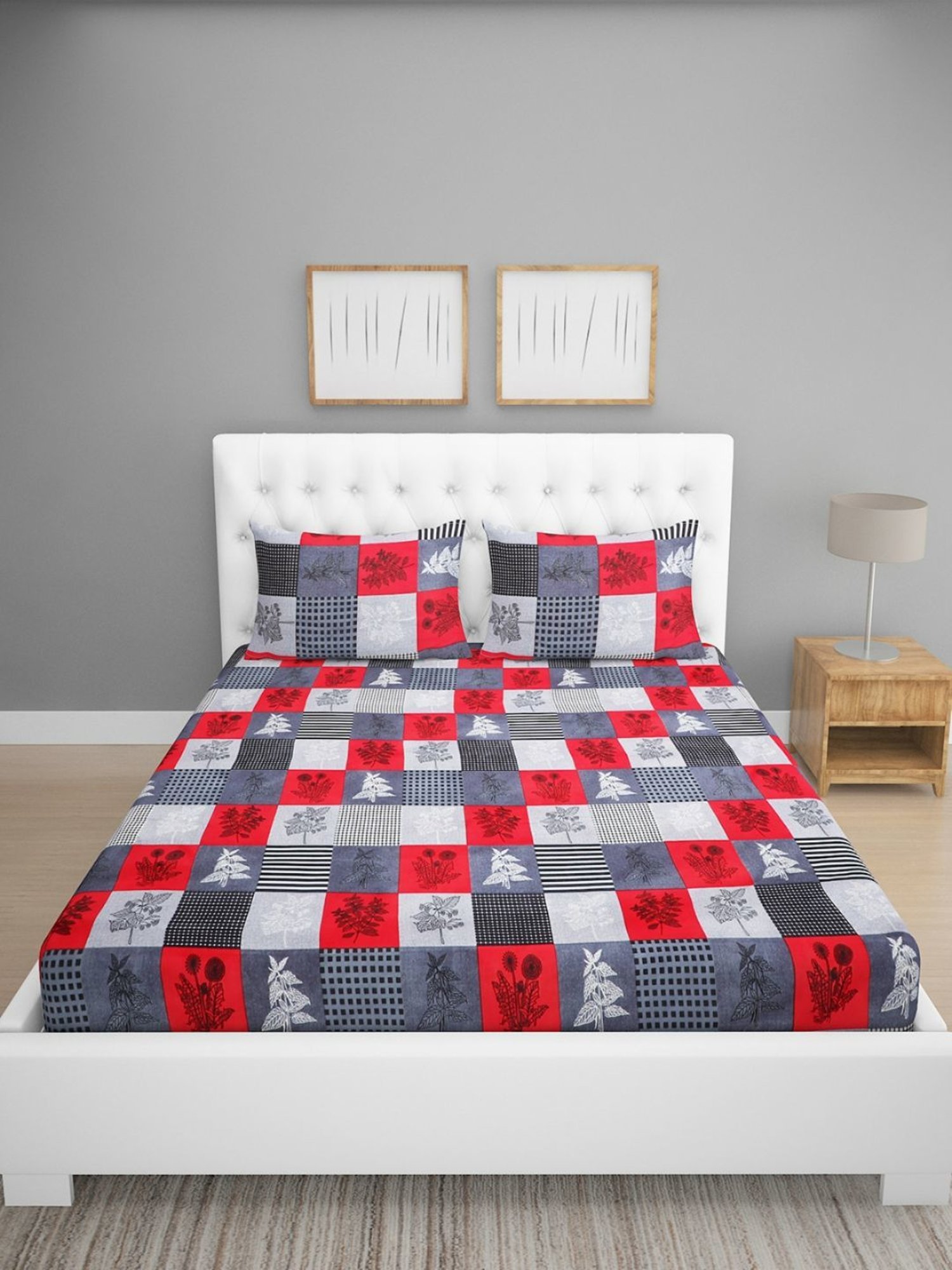 Romee Geometric Blue & Green 144 TC Cotton Queen Sized Bed Sheet with 2 Pillow Covers