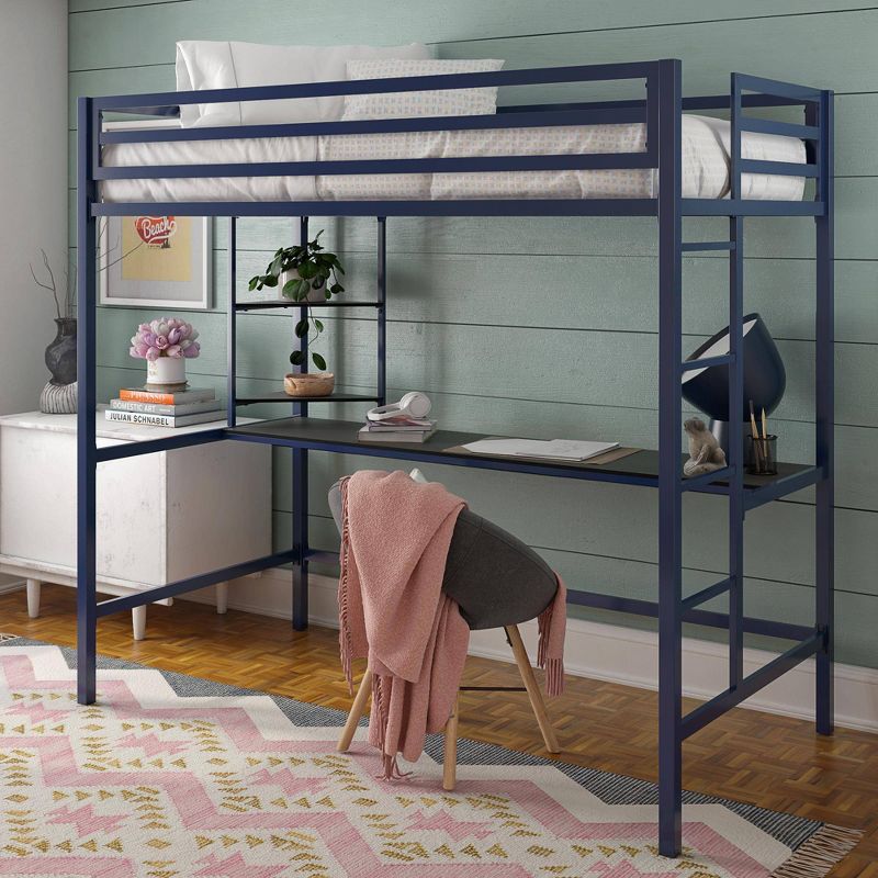 Twin Maxwell Metal Loft Bed with Desk & Shelves Blue/Black - Novogratz