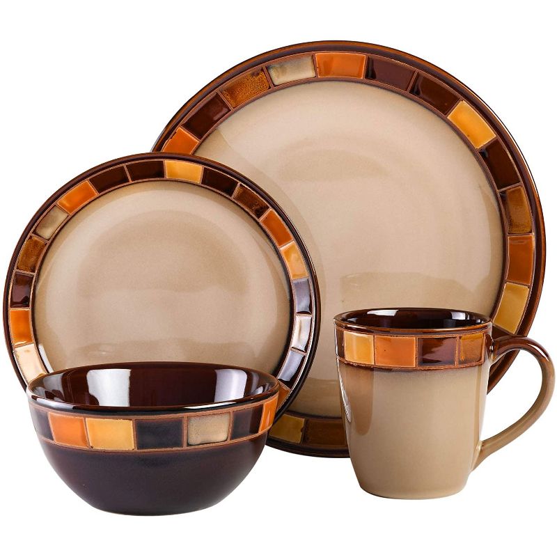 Gibson Elite Casa Estebana 16 Piece Reactive Glaze Durable Microwave and Dishwasher Safe Plates, Bowls, and Mugs Dinnerware Set, Brown and Beige