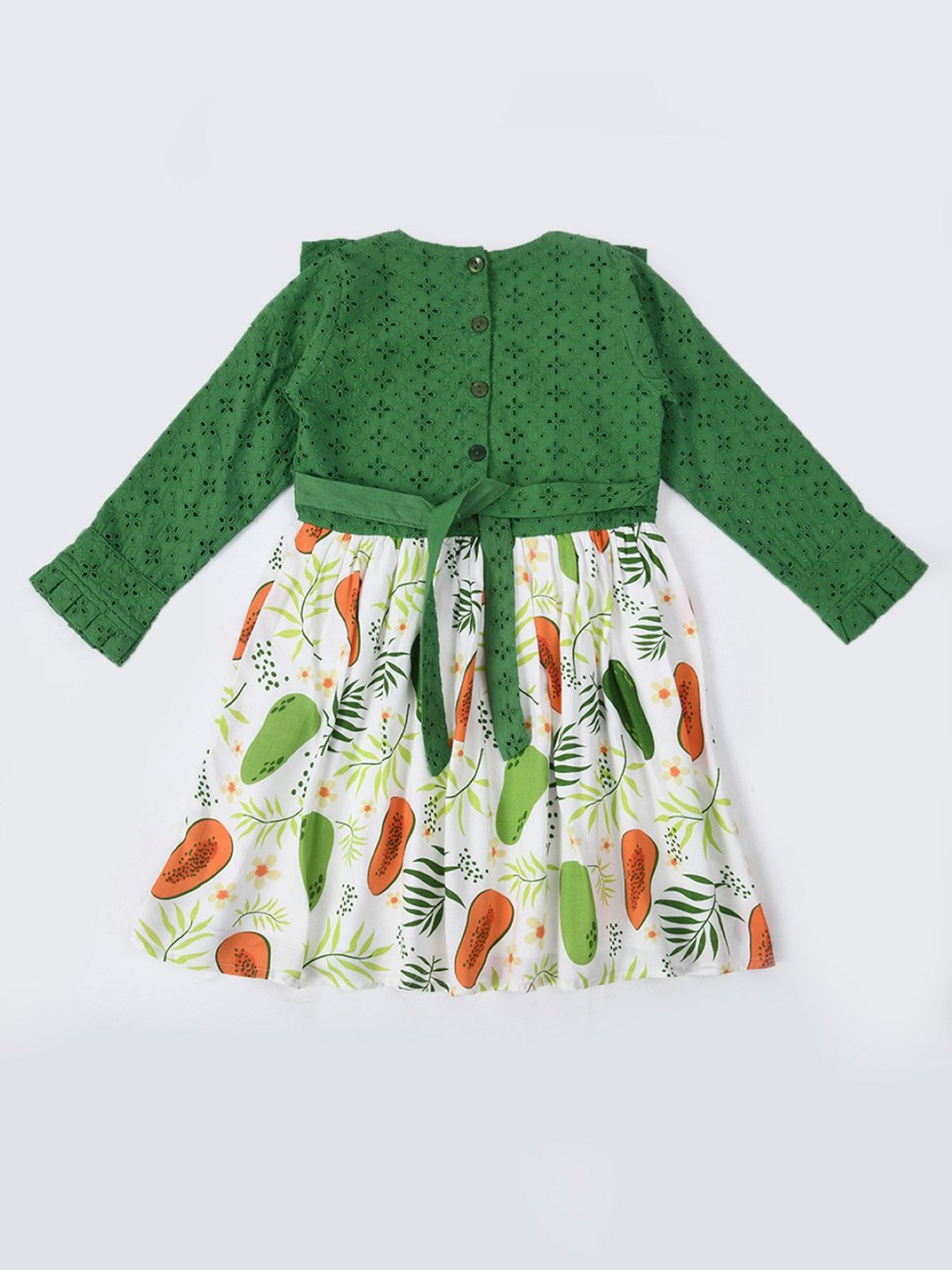 Bella Moda Kids Green & White Self Design Full Sleeves Fit & Flare Dress