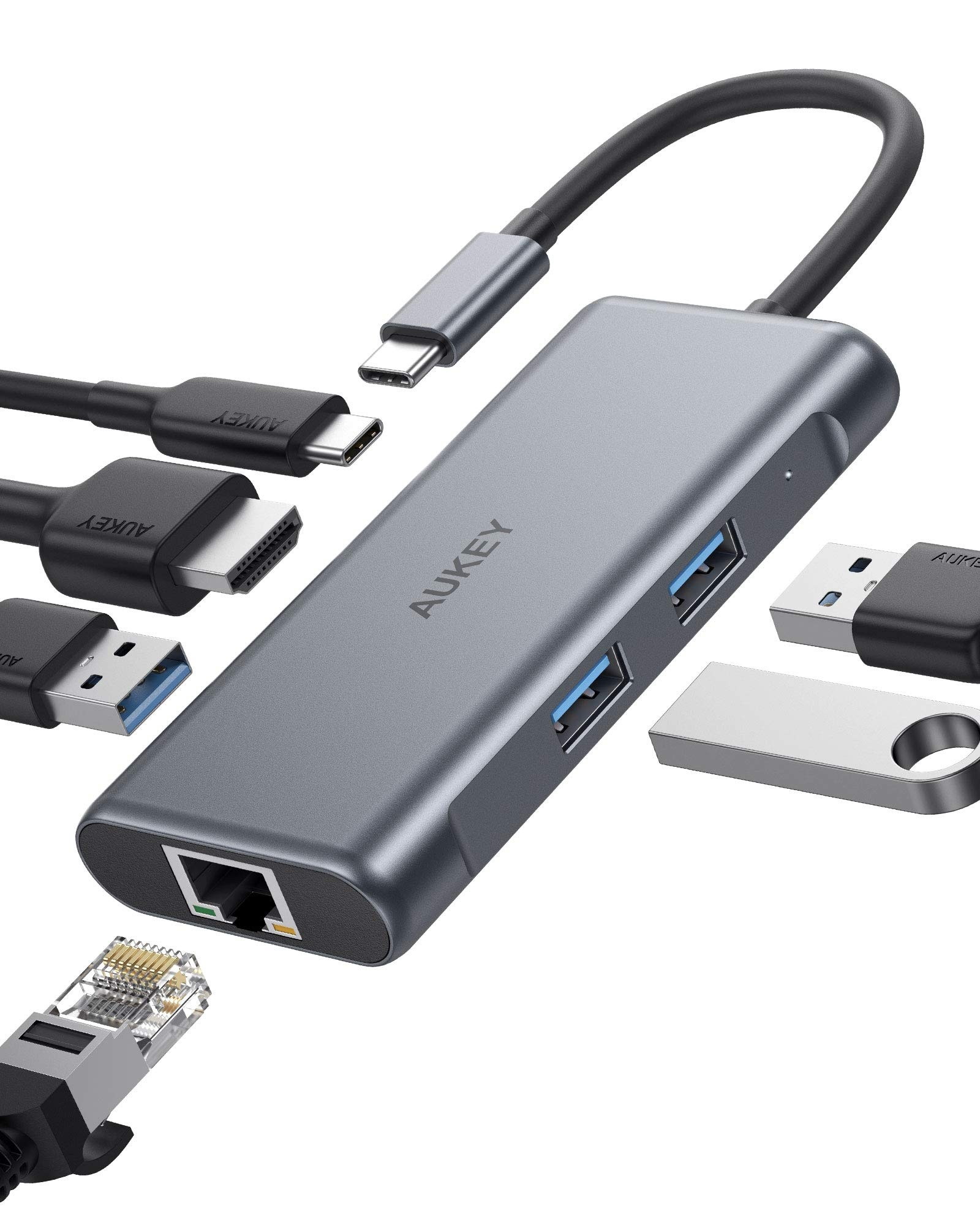 AUKEY CB-C75 USB C Hub Adapter, 6 in 1 Type C Hub with Ethernet Port 1000Mbps, 4K USB C to HDMI, 3 USB 3.0 Ports, 100W USB C PD Charging Thunderbolt 3 for MacBook Pro Air,Chromebook Pixel Laptop Phone