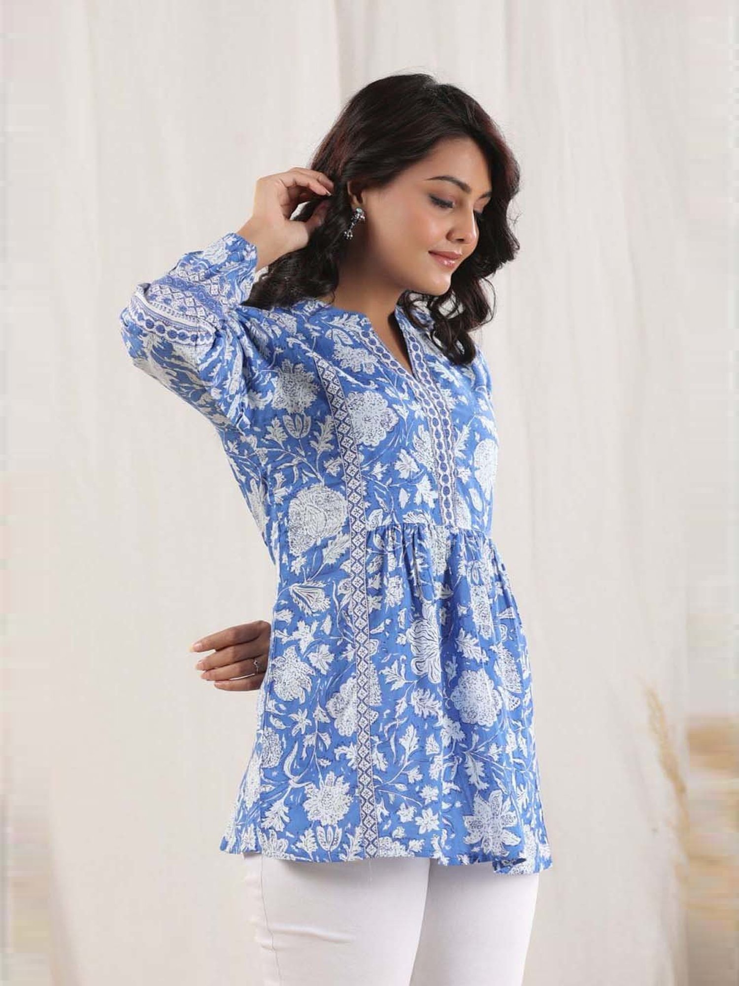Rain and Rainbow Blue Cotton Floral Print Tunic