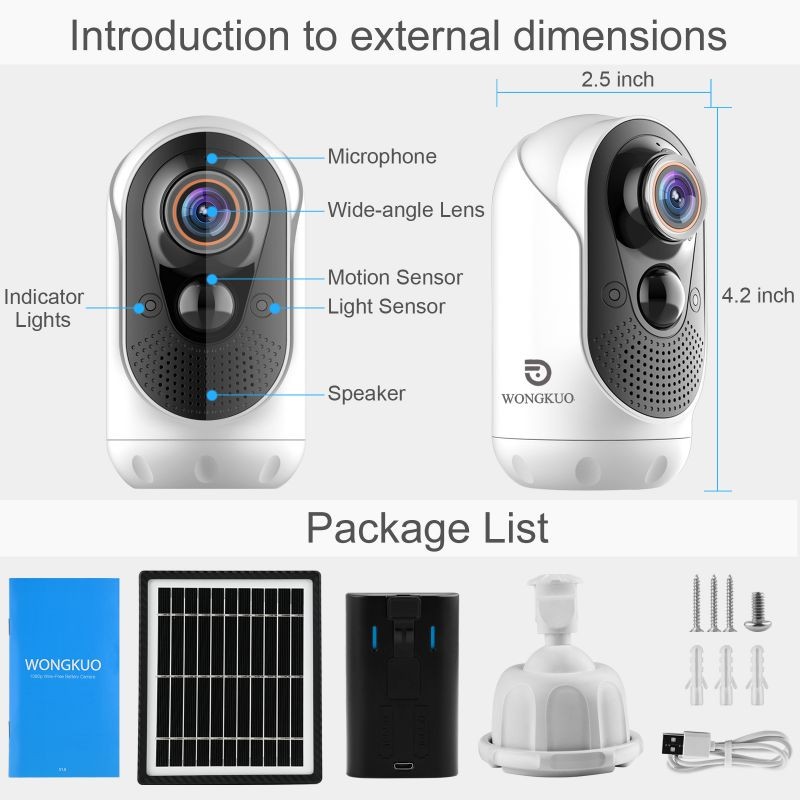 WONGKUO Home Security Camera Outdoor, IP/Network Camera, Wireless Surveillance Security Cameras With 1080P Night Vision/ PIR Motion Detection/ 2-Way Audio/ IP65 Waterproof
