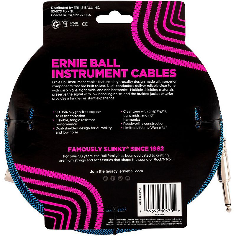 Ernie Ball 20 Ft. Braided Straight Angle Instrument Cable 2-Pack