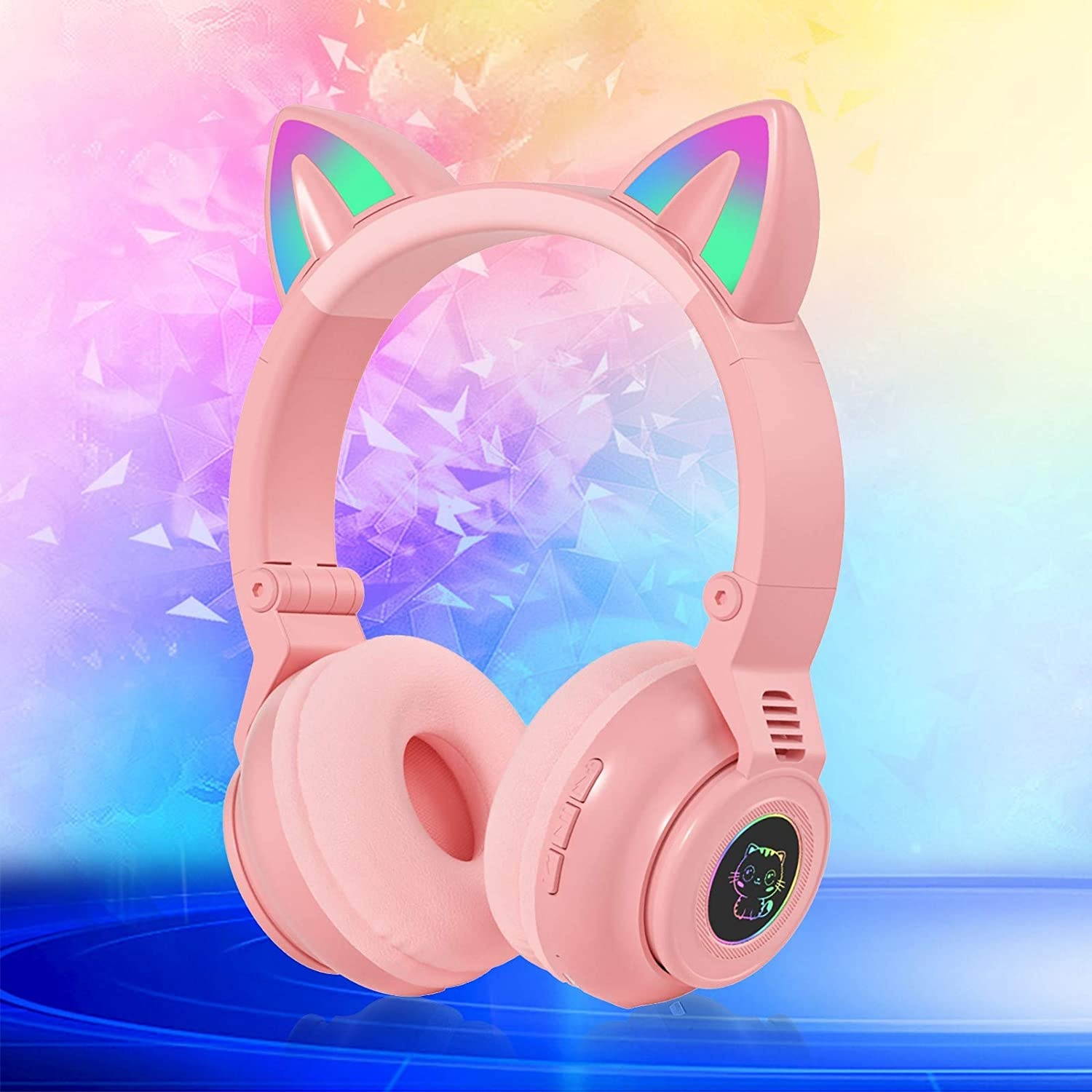 Cat Ear Headphones Bluetooth 5.0 Pink Stereo Gaming Headset with MIC, Foldable Wireless Noise Cancelling Headphone, Fashion Luminous Headset for Kids & Adults (Pink)