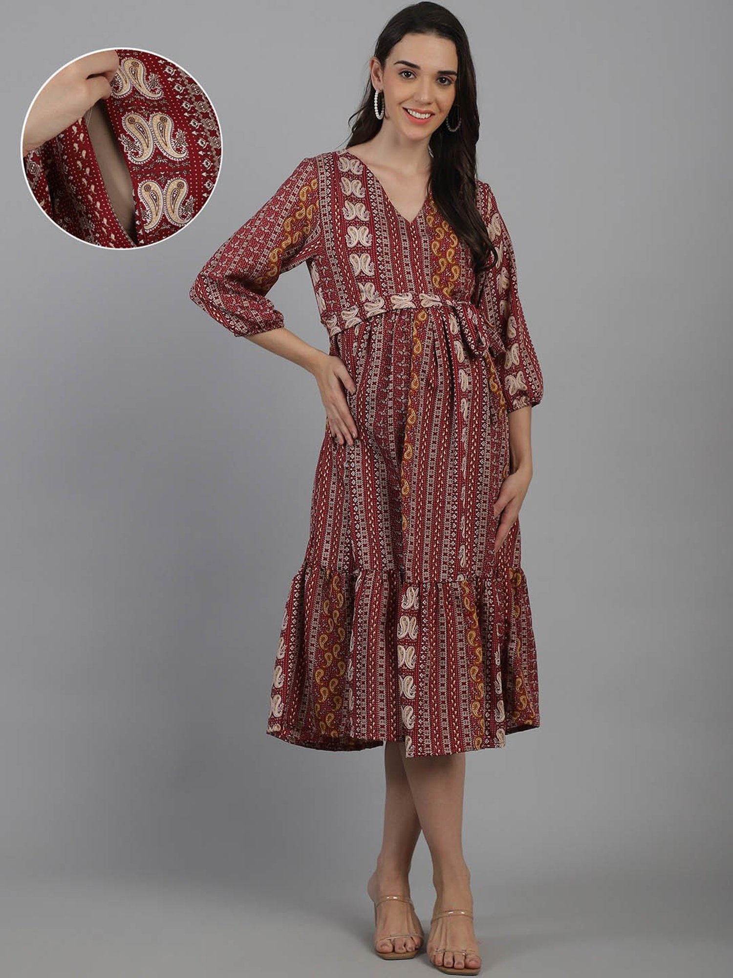 Moms Maternity Maroon Printed Maternity Midi Dress