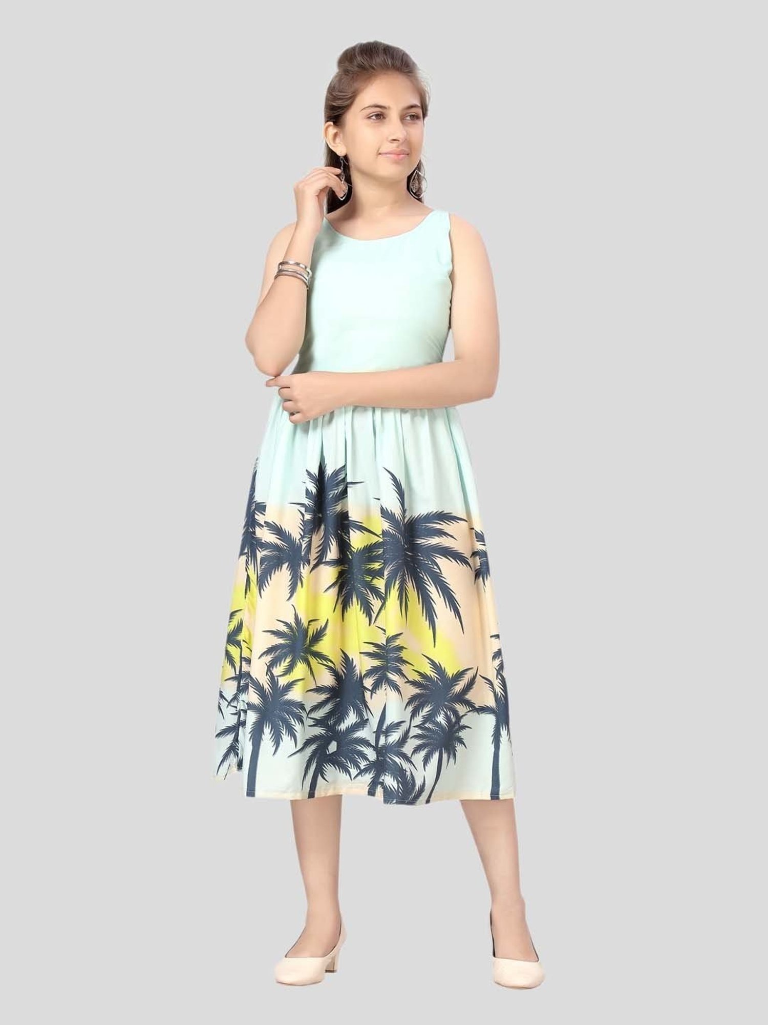Aarika Kids Firozi Blue Printed Midi Dress