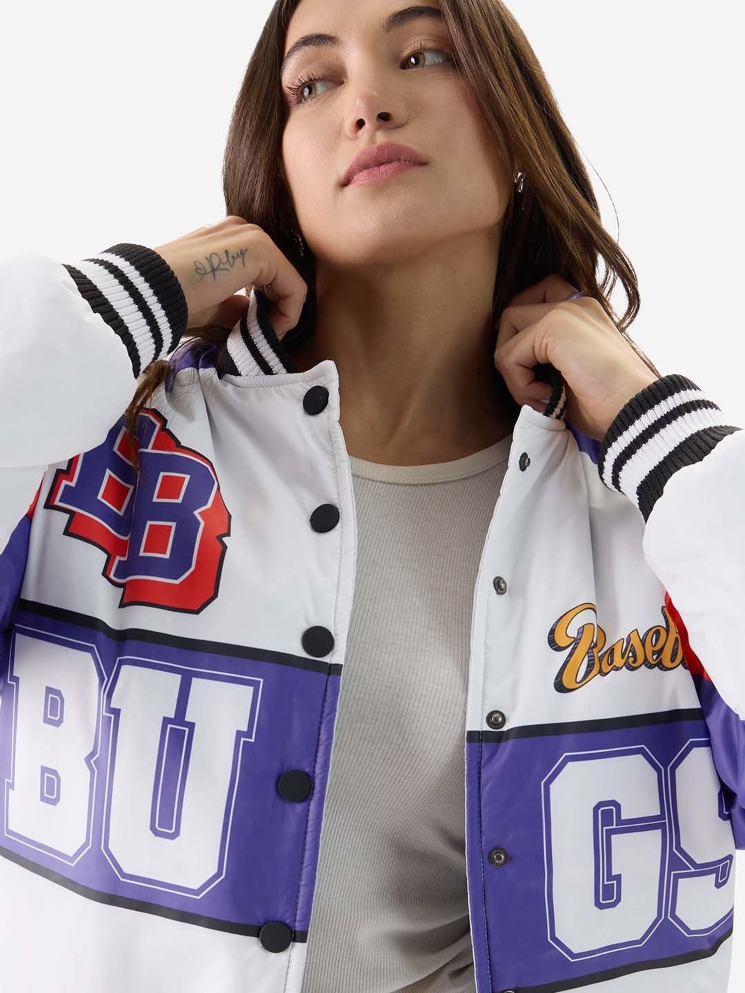 The Souled Store White & Blue Printed Jacket