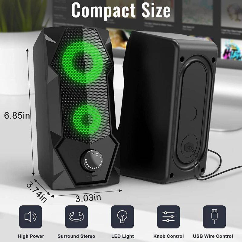 Computer Speakers  RGB Gaming Speaker PC 2.0 Wired USB Powered Stereo Volume Control Dual Channel Multimedia AUX 3.5mm for Laptop Desktop Tablet Phone Monitors