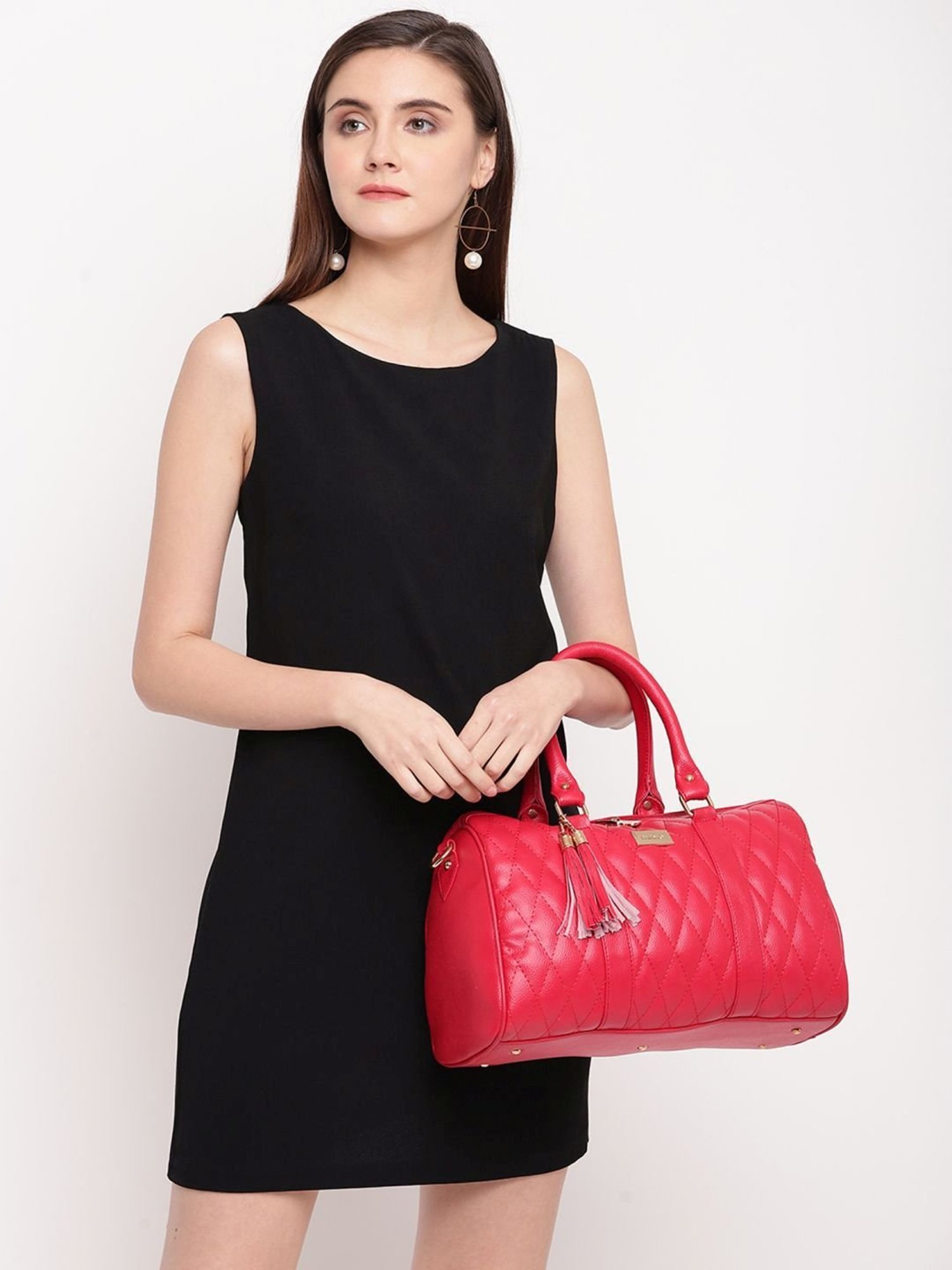 KLEIO Red Textured Medium Bowler Handbag