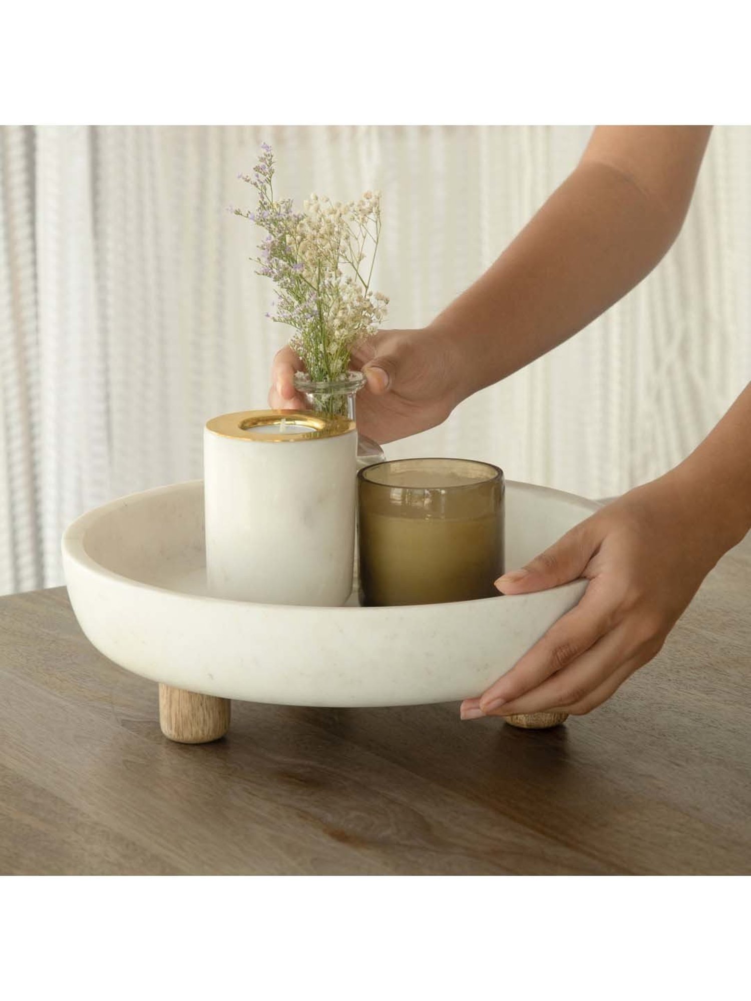 Ellementry Selene White Marble Bowl (1.5 L) With Wooden Stand