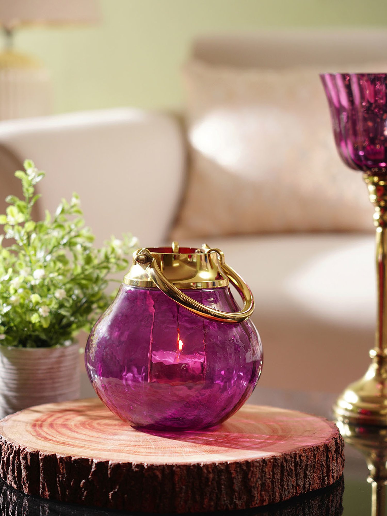 Pure Home and Living Pink & Gold Glass Lantern Tea Light Holder