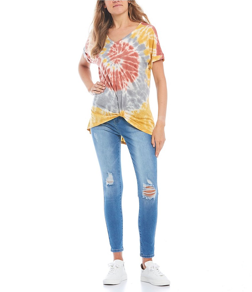 Miss Chievous Spiral Tie-Dye Twist Front Knit Tee