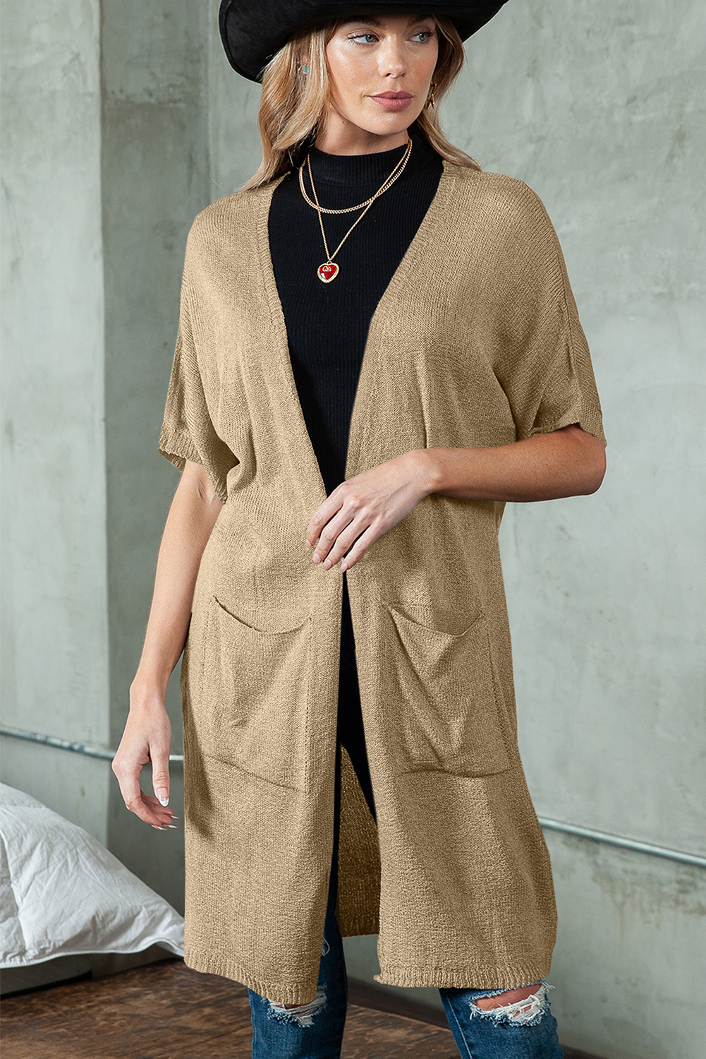 Khaki Dolman Half Sleeve Pocketed Long Cardigan