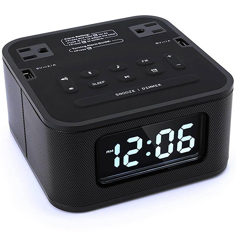 Alarm Clock Charger with 2 Outlets and 2 USB Ports Charging Station Wireless Bluetooth Speaker Micro SD Snooze 4 Dimmer Battery Backup Digital Clock for Bedrooms Black