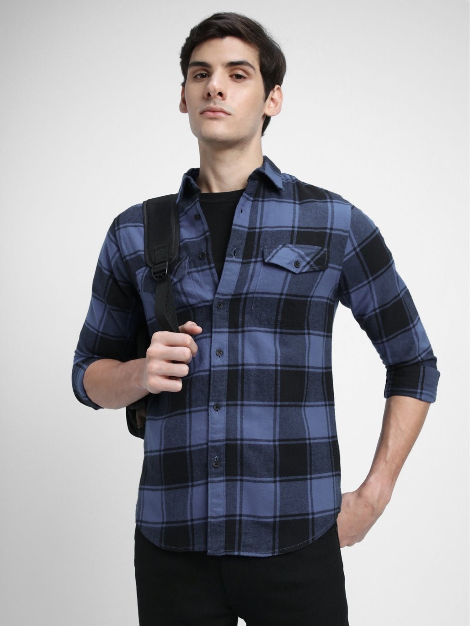 Dennis Lingo Blue Cotton Slim Fit Checks Shirt