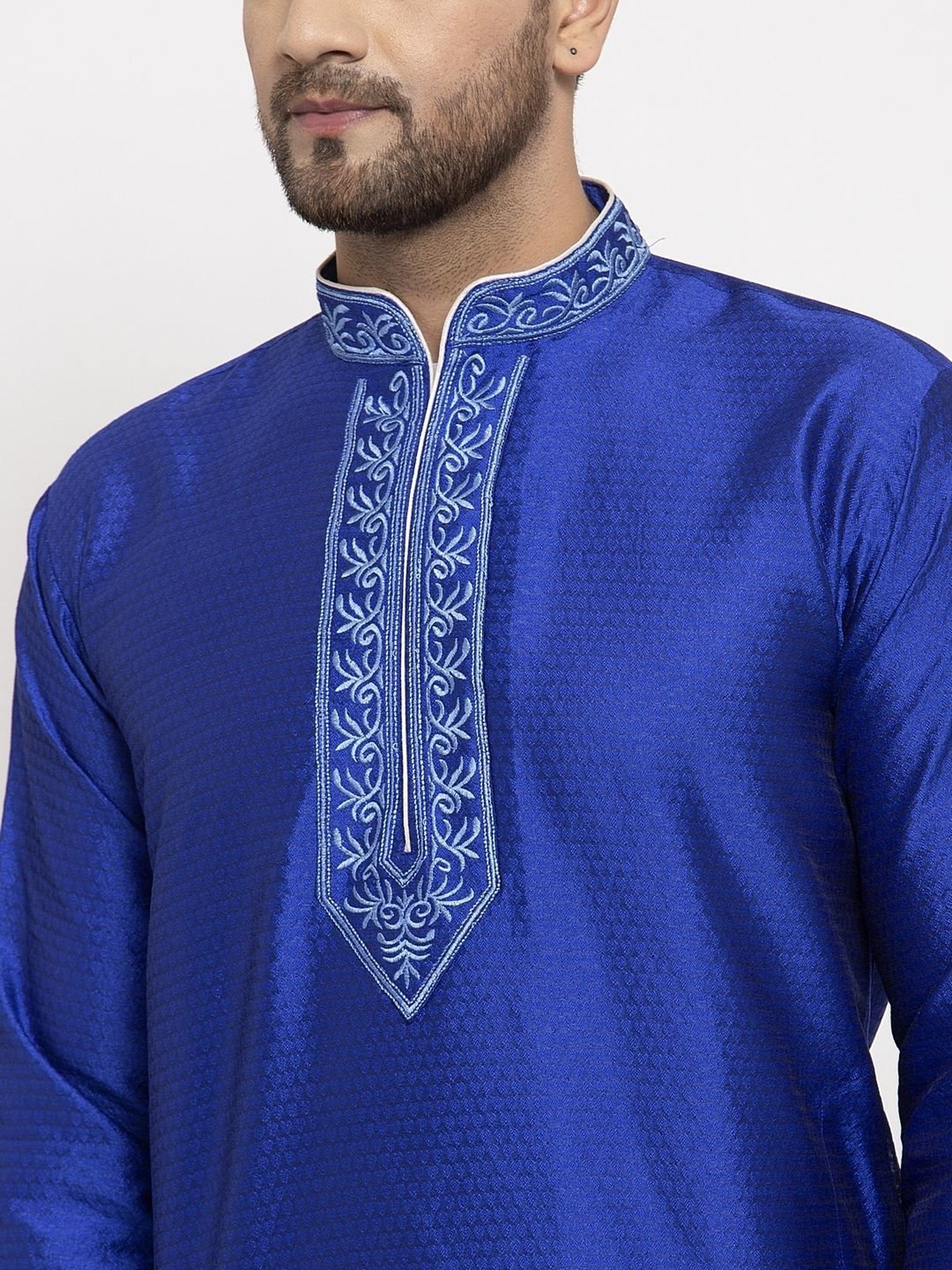 Benstoke Royal Blue & White Regular Fit Embroidered Kurta Set