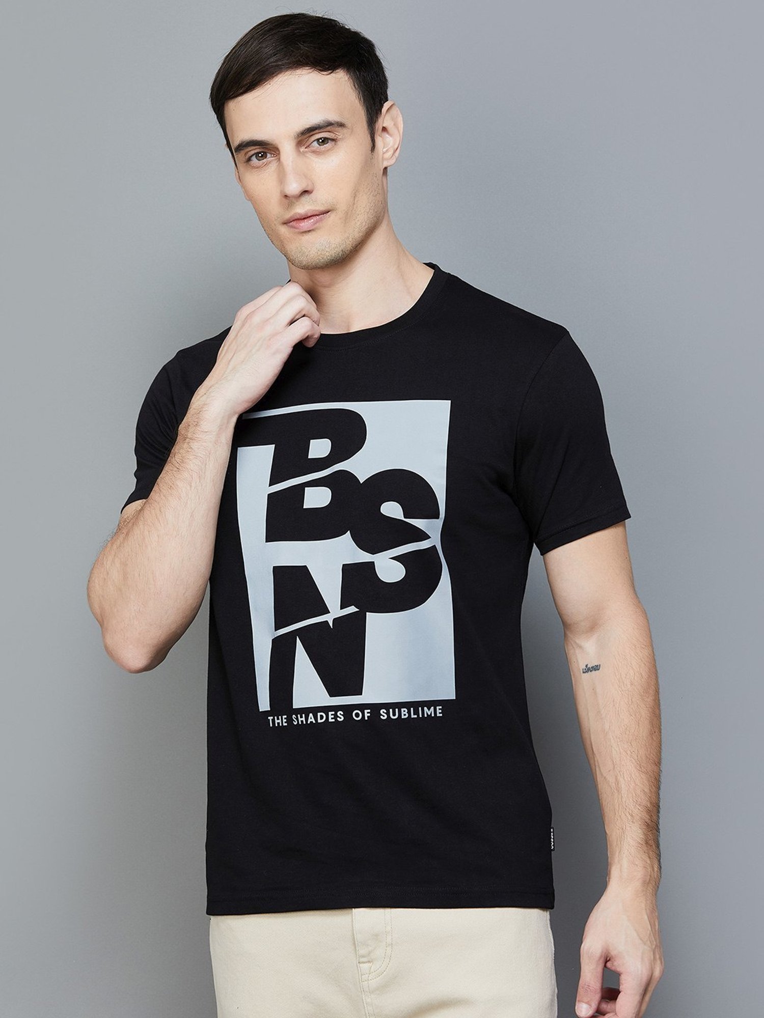 BOSSINI Black Cotton Regular Fit Printed T-Shirt