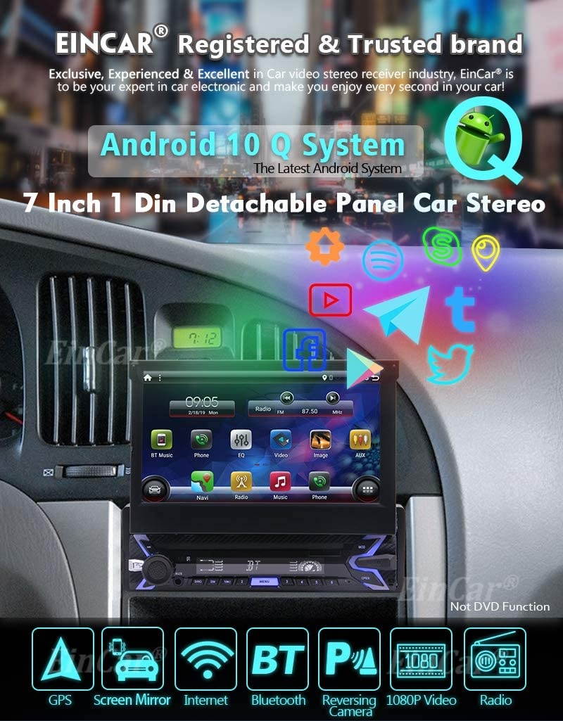 Android 10.0 Single Din Car Stereo 7 Inch Flip Out Capacitive Touch Screen Support Bluetooth WiFi GPS Navigation Mirror Link AM/FM Car Radio OBD USB SD AUX Cam-in with Backup Camera and Microphone