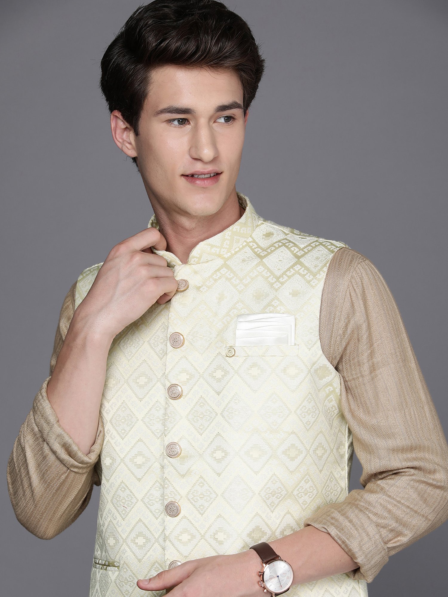 Manyavar Light Yellow Regular Fit Self Design Nehru Jacket