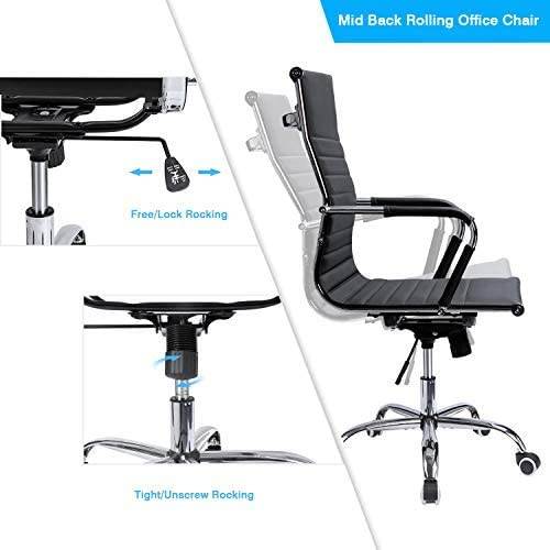 Devoko Office Desk Chair Mid Back Leather Height Adjustable Swivel Ribbed Chairs Ergonomic Executive Conference Task Chair with Arms (Black)