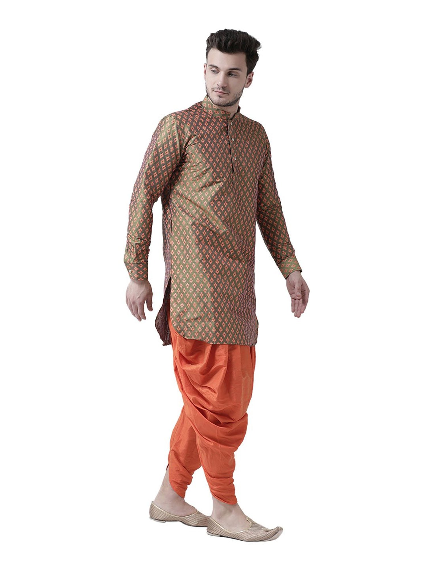 Deyann Green & Orange Mandarin Collar Kurta Set
