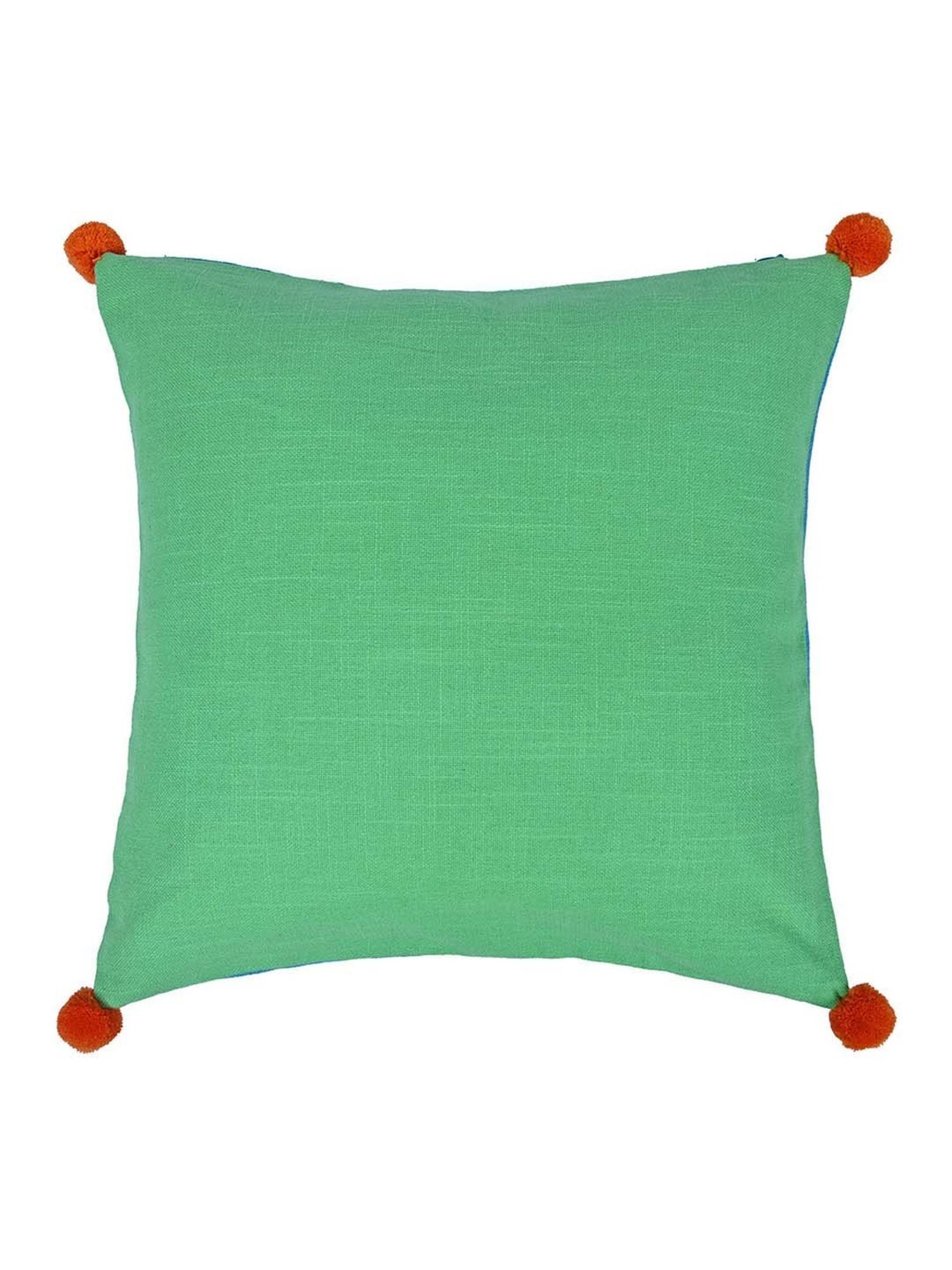 @home Blue & Green Cotton Two Sided Pom Pom Cushion Cover With Zipper