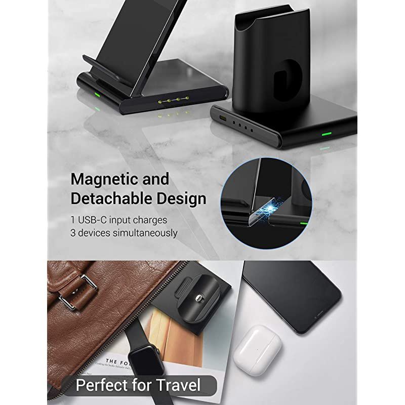 Wireless Charger, 3 in 1 Wireless Charging Station for Apple Watch, AirPods Pro/2, Detachable and Magnetic Wireless Charging Stand for iPhone 11 Pro Max/X/XS/XR/8Plus(NO QC 3.0 Adapter)