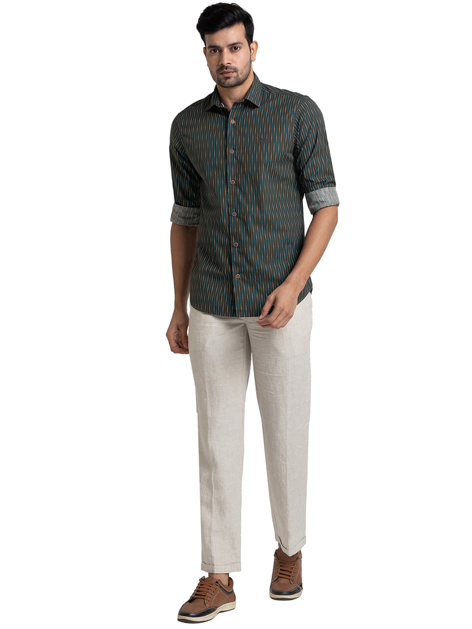 ColorPlus Green Tailored Fit Striped Shirt