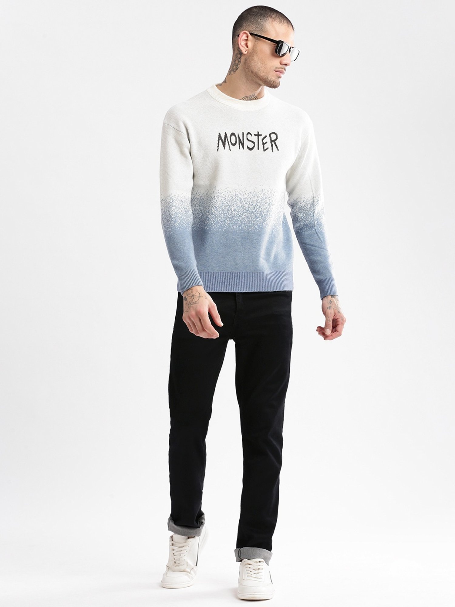 Showoff Blue Slim Fit Self Pattern Sweater