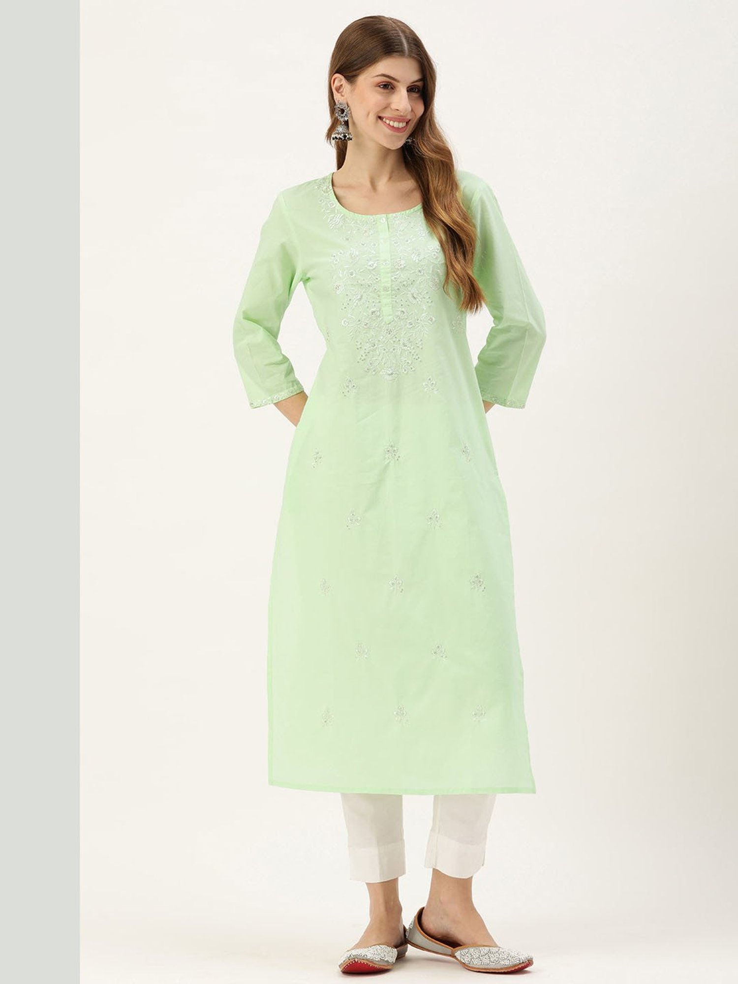 Amukti Light Green Cotton Embroidered A Line kurta