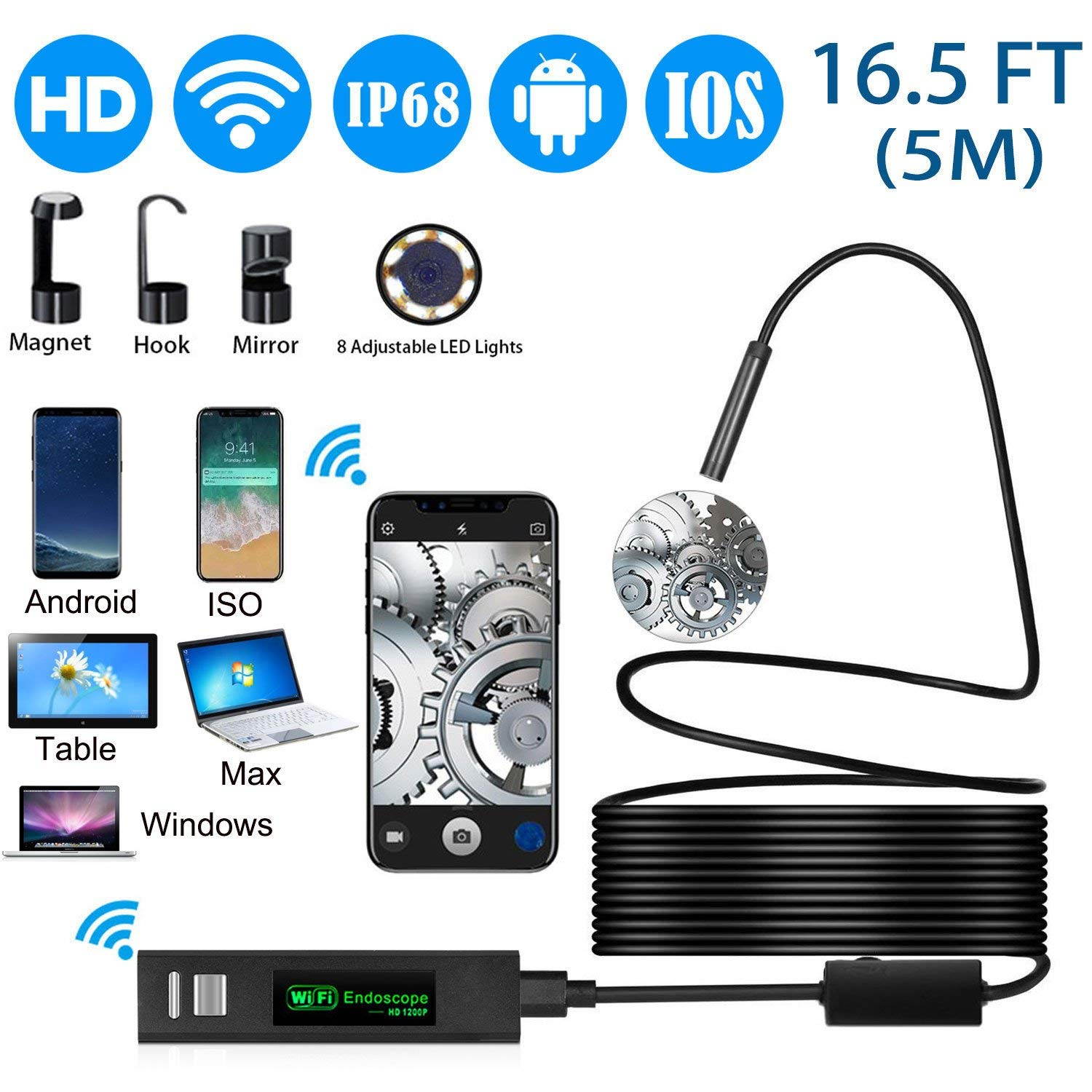 WiFi Endoscope 1200P Wireless IP68 Waterproof Borescope HD Inspection Camera 5M Semi-Rigid Endoscope with 8 Adjustable LED Lights Compatible with iPhone Android Phone Computer (16.40 ft)