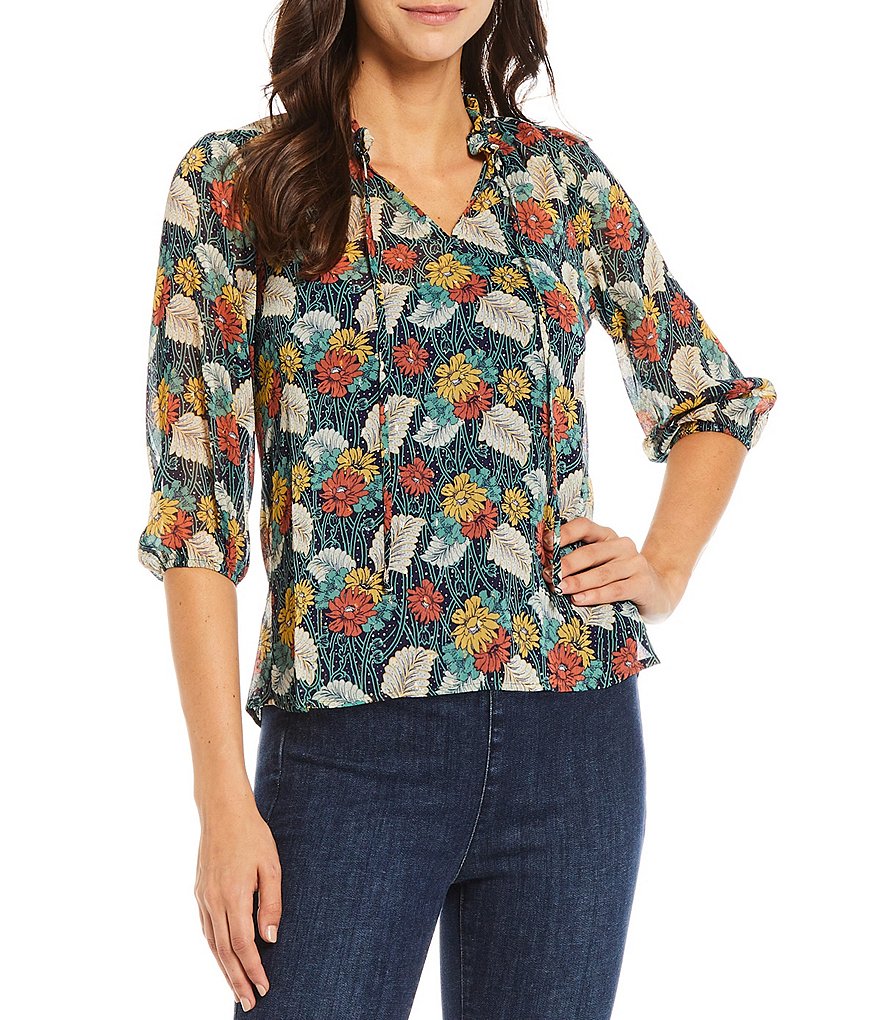 Figueroa & Flower Petite Size Jazleen Floral Mixed Print Ruffle V-Neck Elbow Sleeve Foiled Detail Top